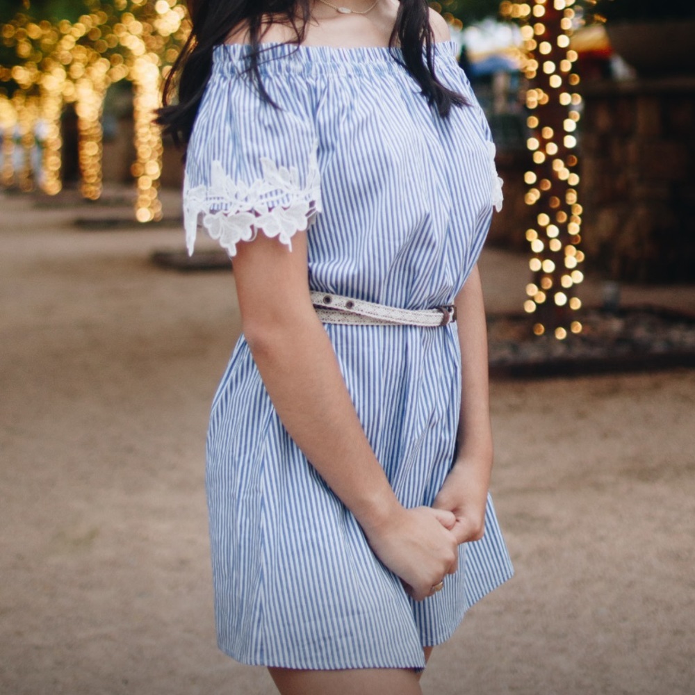 Blue and white off the shoulder dress